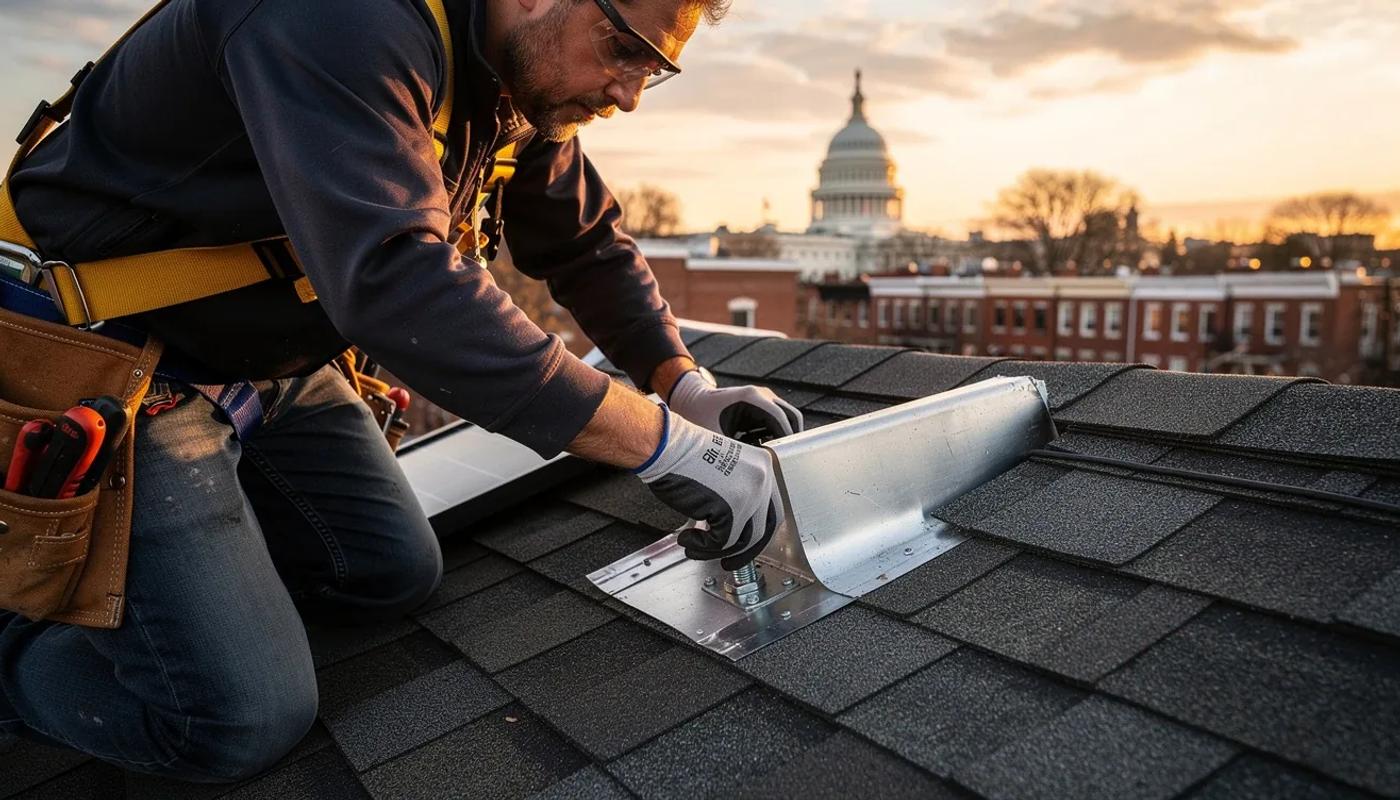 Solar panel mounting hardware and flashing detail on a DC row house roof during installation
