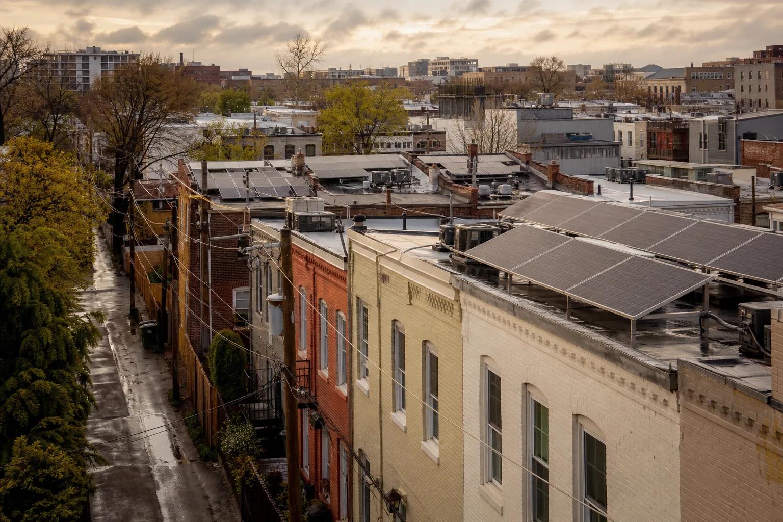Washington DC rooftop solar on a cloudy day, showing panels generating despite overcast conditions