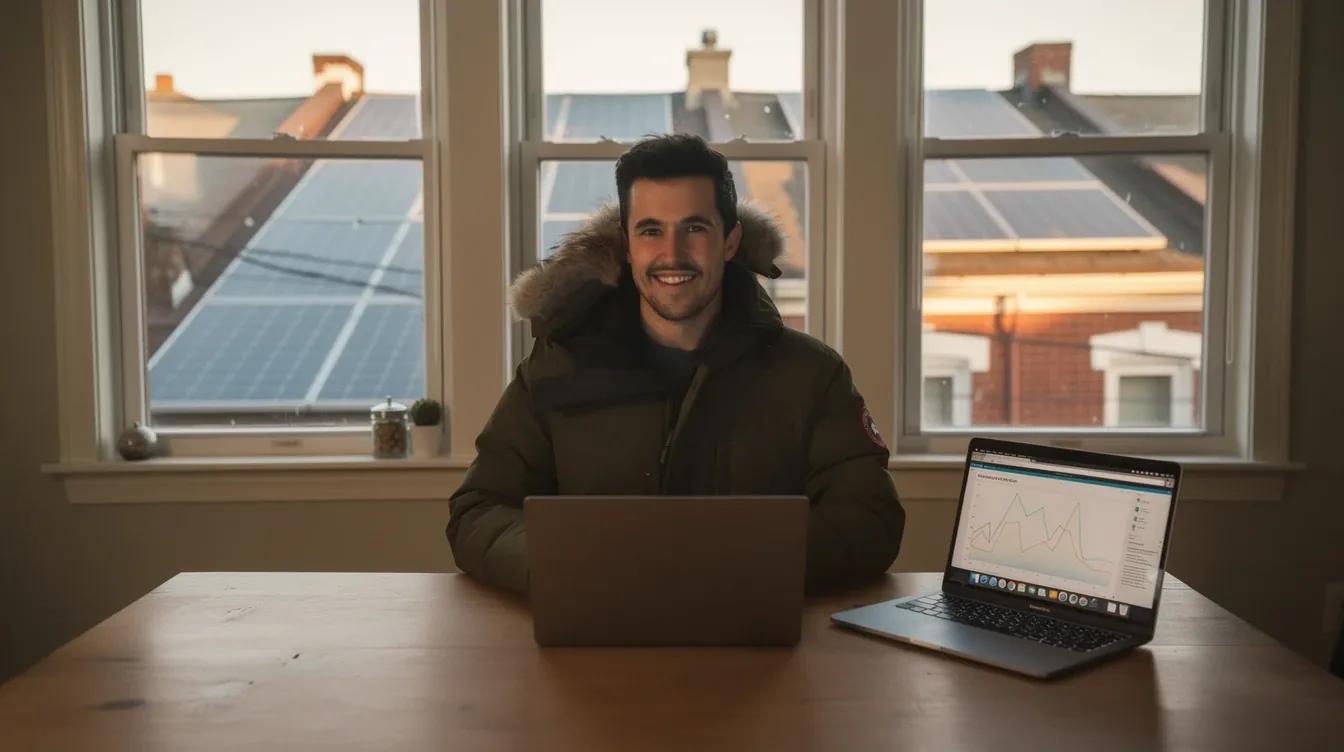 DC homeowner reviewing solar panel production data on a laptop after installation, with rooftop panels visible through a window
