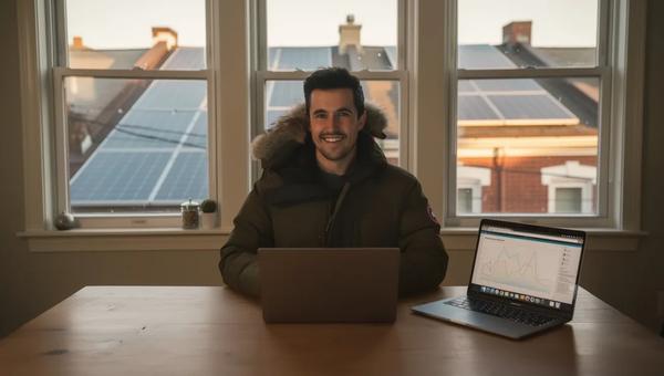DC homeowner reviewing solar panel production data on a laptop after installation, with rooftop panels visible through a window