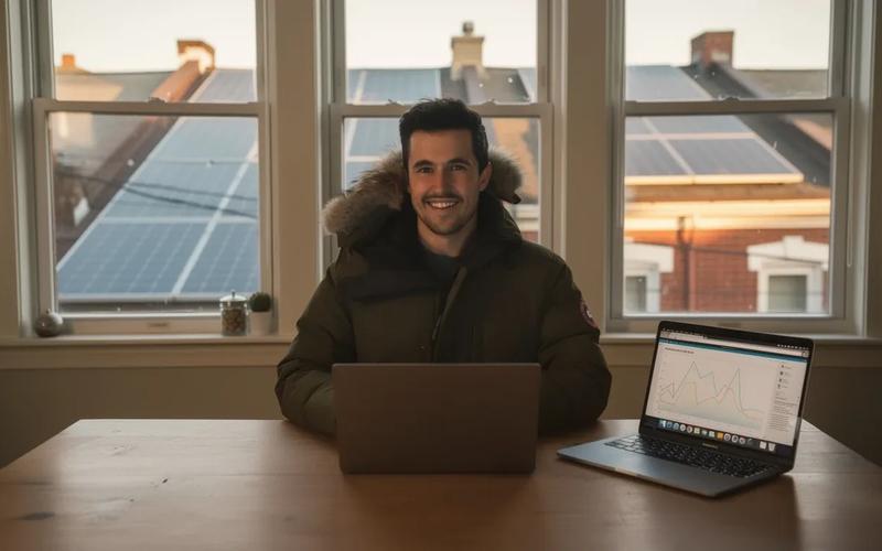 DC homeowner reviewing solar panel production data on a laptop after installation, with rooftop panels visible through a window