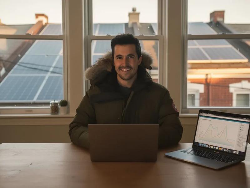 DC homeowner reviewing solar panel production data on a laptop after installation, with rooftop panels visible through a window