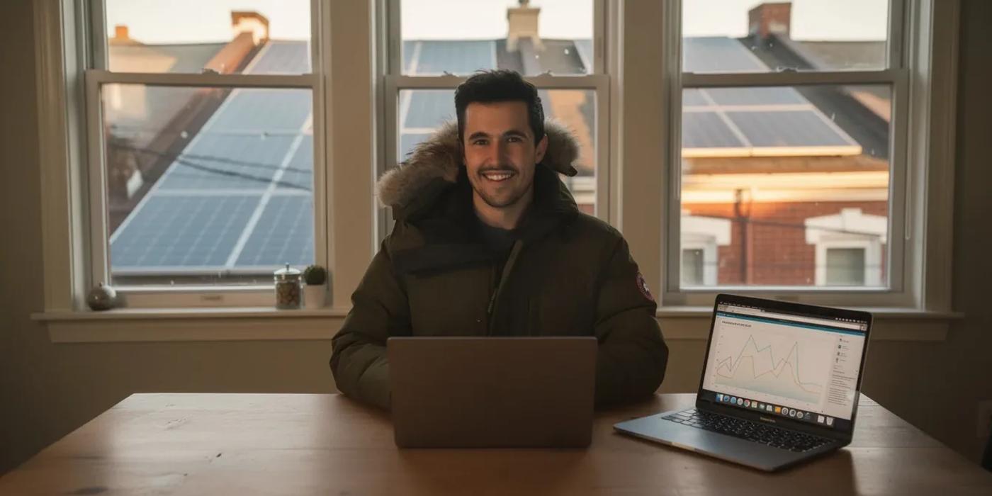 DC homeowner reviewing solar panel production data on a laptop after installation, with rooftop panels visible through a window