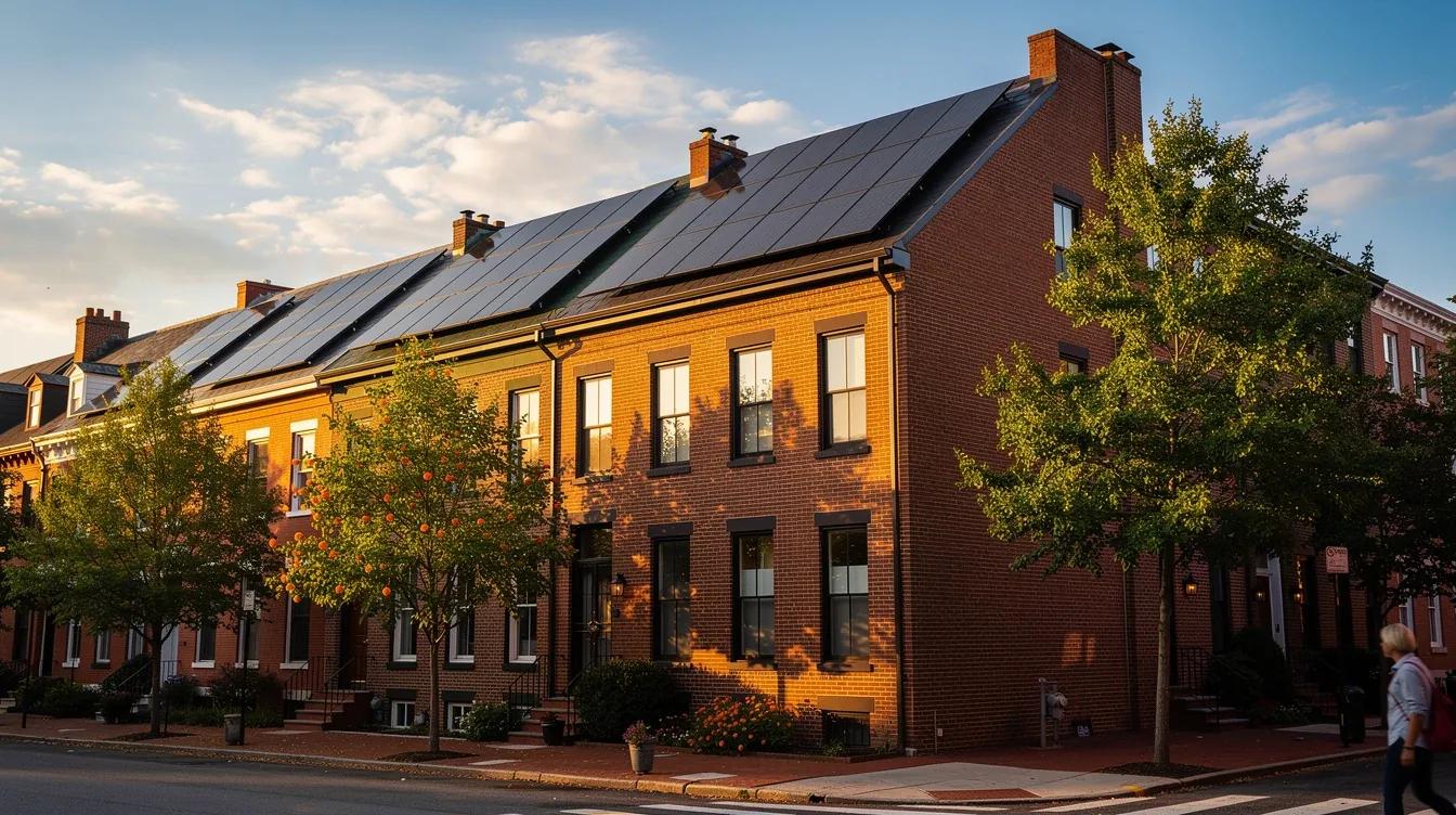 DC rowhouse with solar panels installed on rooftop in morning light — DC solar incentives 2026