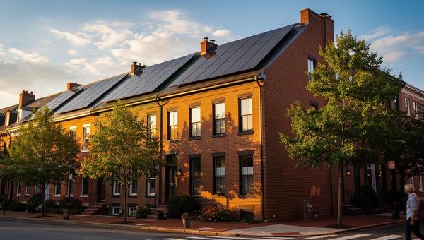 DC rowhouse with solar panels installed on rooftop in morning light — DC solar incentives 2026