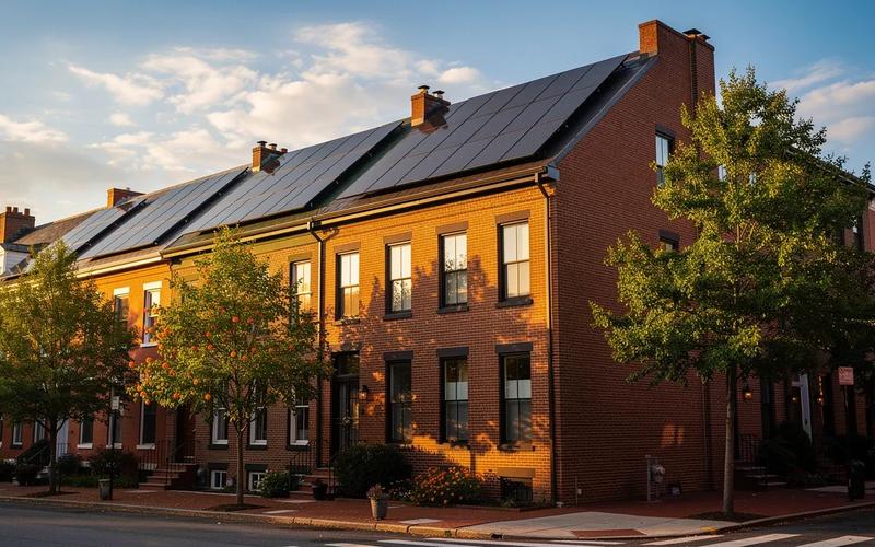 DC rowhouse with solar panels installed on rooftop in morning light — DC solar incentives 2026
