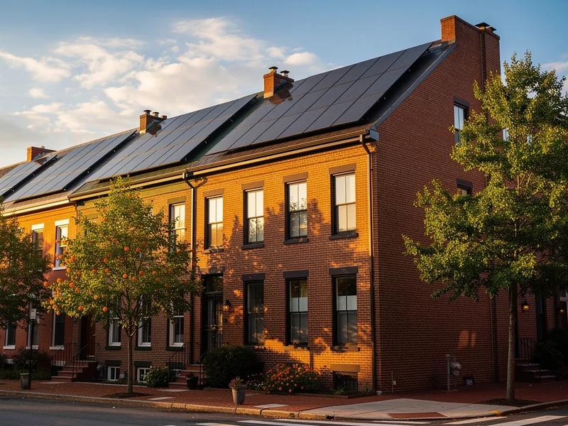 DC rowhouse with solar panels installed on rooftop in morning light — DC solar incentives 2026