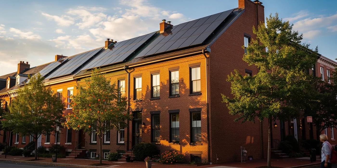 DC rowhouse with solar panels installed on rooftop in morning light — DC solar incentives 2026