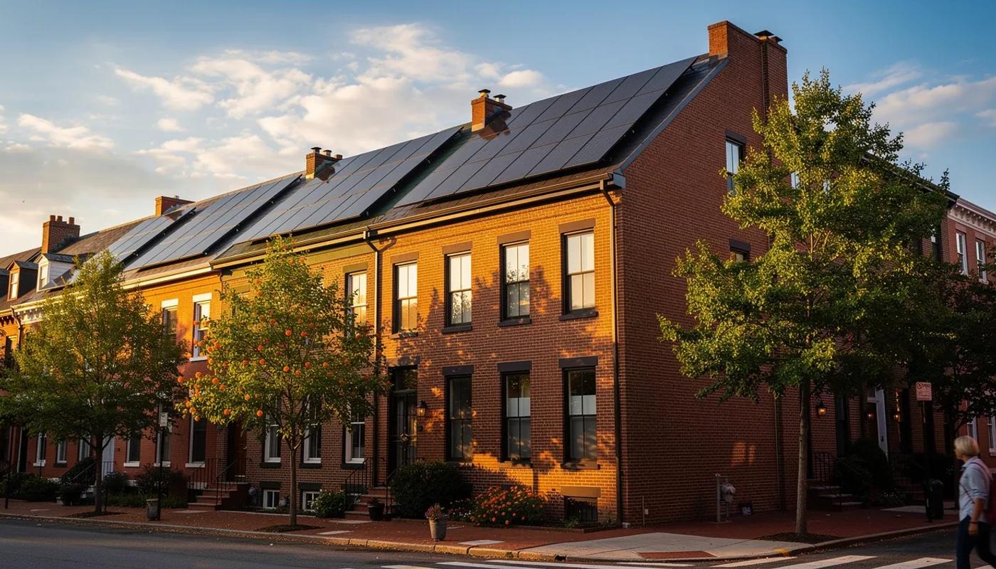 DC rowhouse with solar panels installed on rooftop in morning light — DC solar incentives 2026