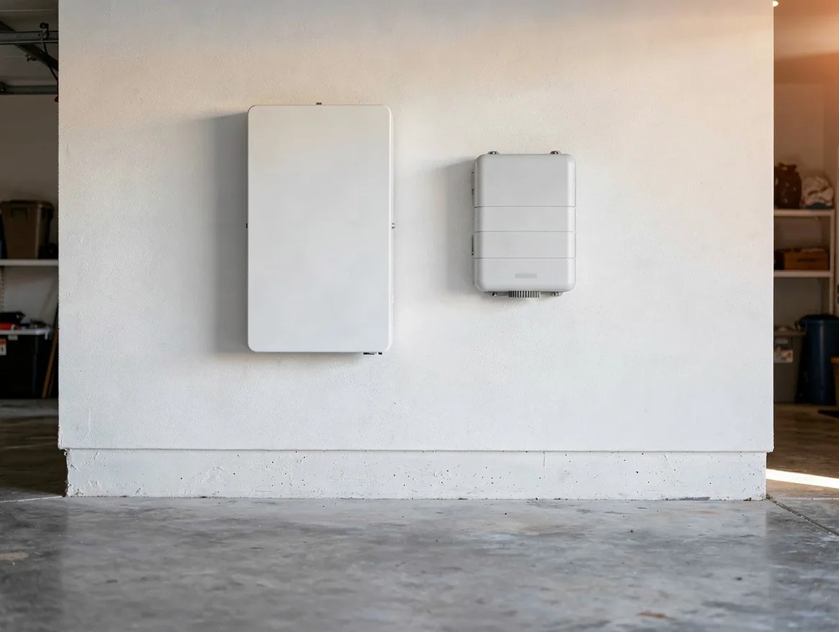 Two home battery storage units installed side by side in a residential utility room