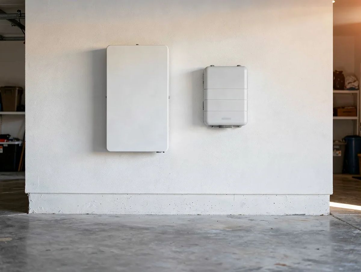 Two home battery storage units installed side by side in a residential utility room