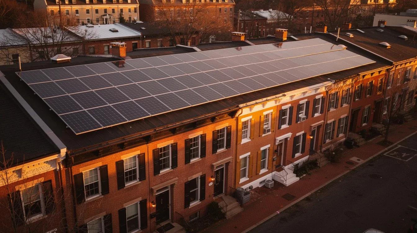 Solar panels installed on a DC row house rooftop with the Capitol dome visible in the background