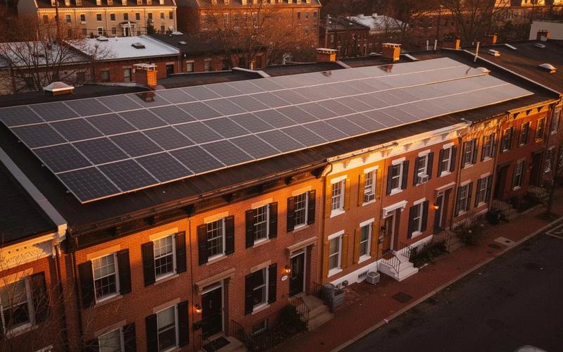 Solar panels installed on a DC row house rooftop with the Capitol dome visible in the background