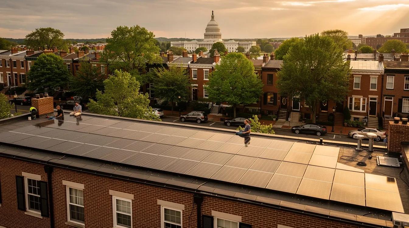 Solar panels installed on a DC rowhouse rooftop with Capitol Hill neighborhood visible in the background