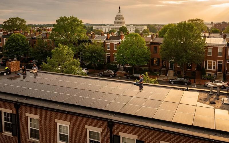 Solar panels installed on a DC rowhouse rooftop with Capitol Hill neighborhood visible in the background