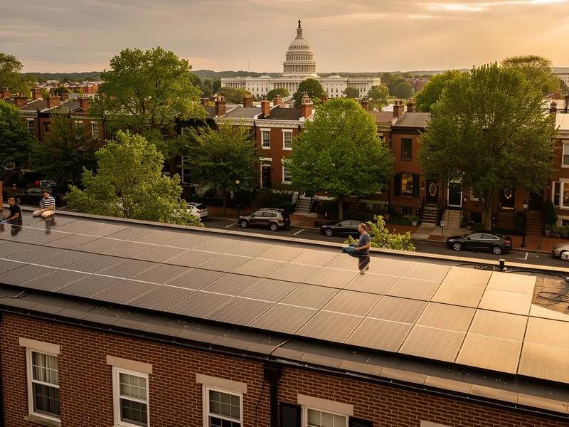 Solar panels installed on a DC rowhouse rooftop with Capitol Hill neighborhood visible in the background