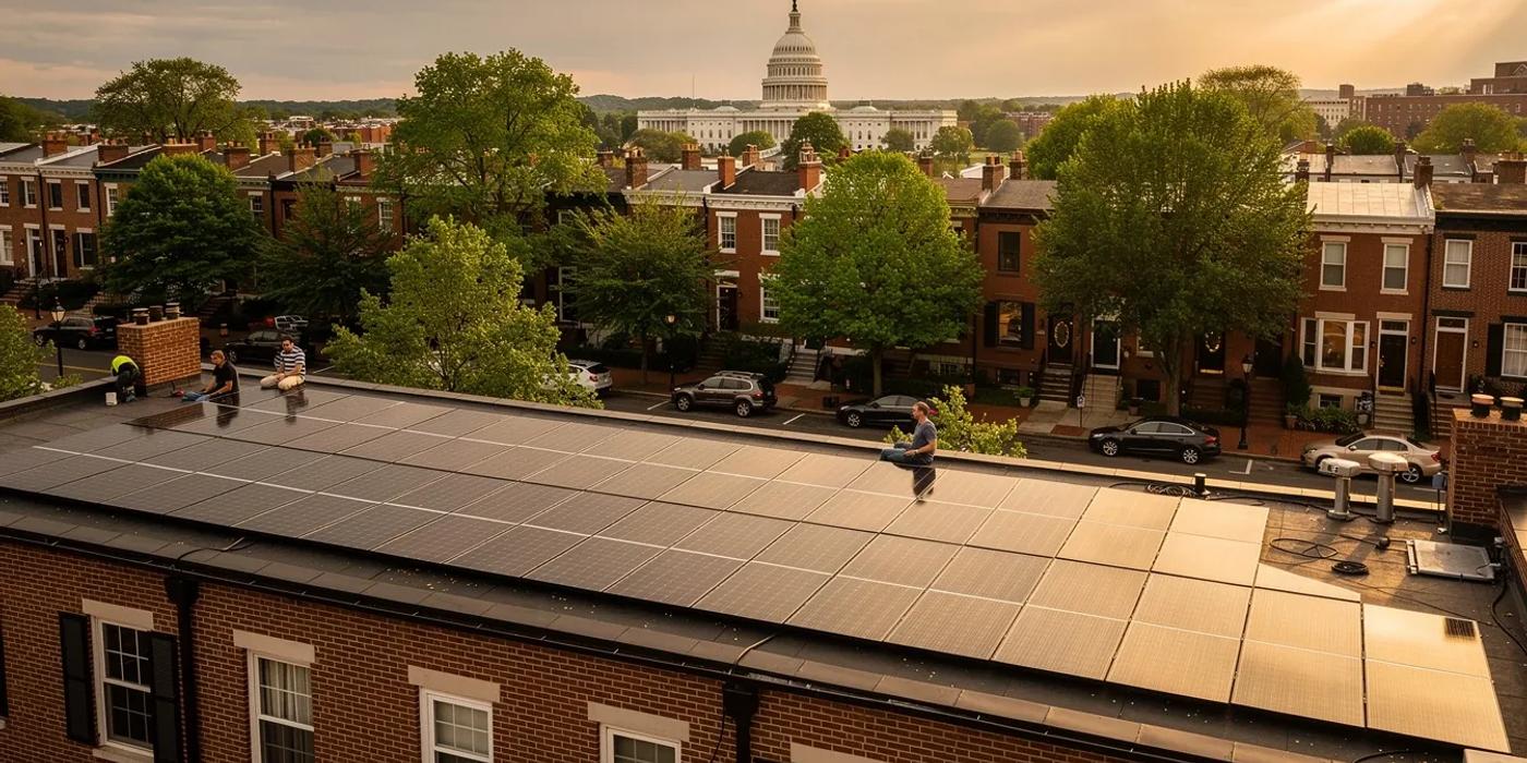 Solar panels installed on a DC rowhouse rooftop with Capitol Hill neighborhood visible in the background