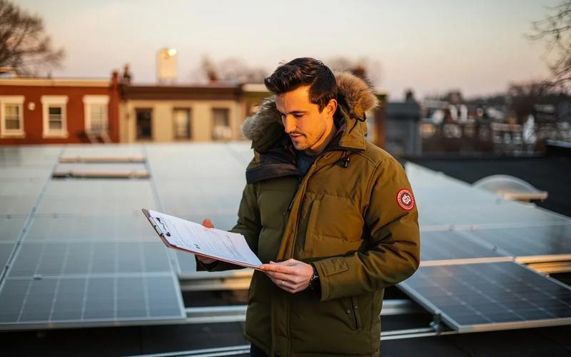 Solar panels on a DC rowhouse roof with a financing comparison overlay showing cash, loan, and PPA options