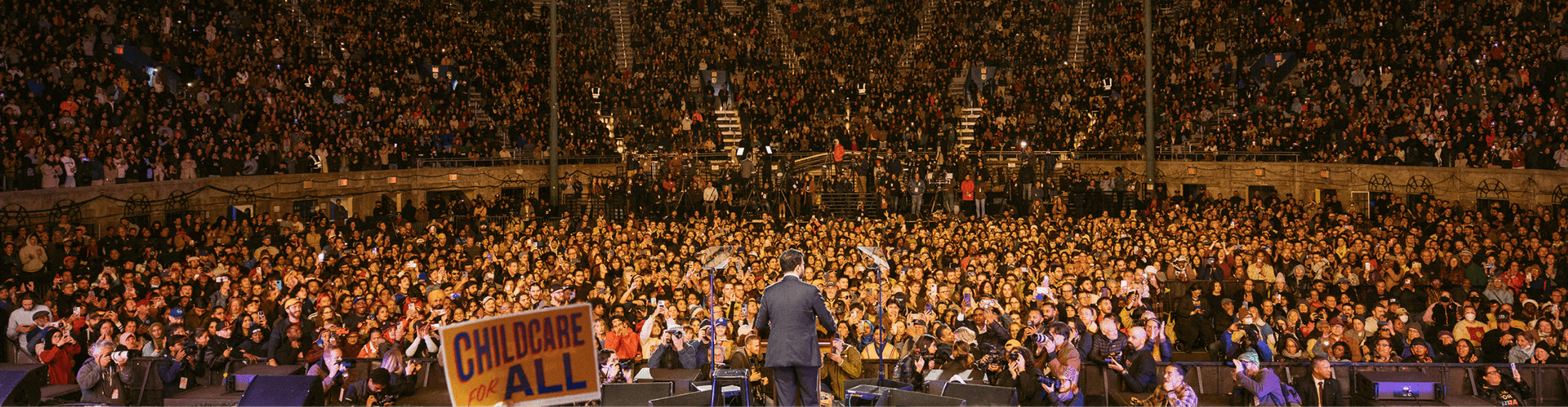 Zohran Mamdani speaks at his rally at Forest Hills Stadium