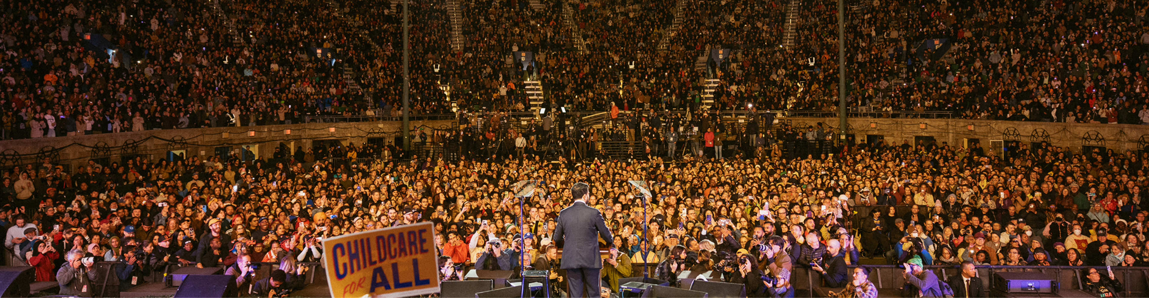 Zohran Mamdani speaks at his rally at Forest Hills Stadium