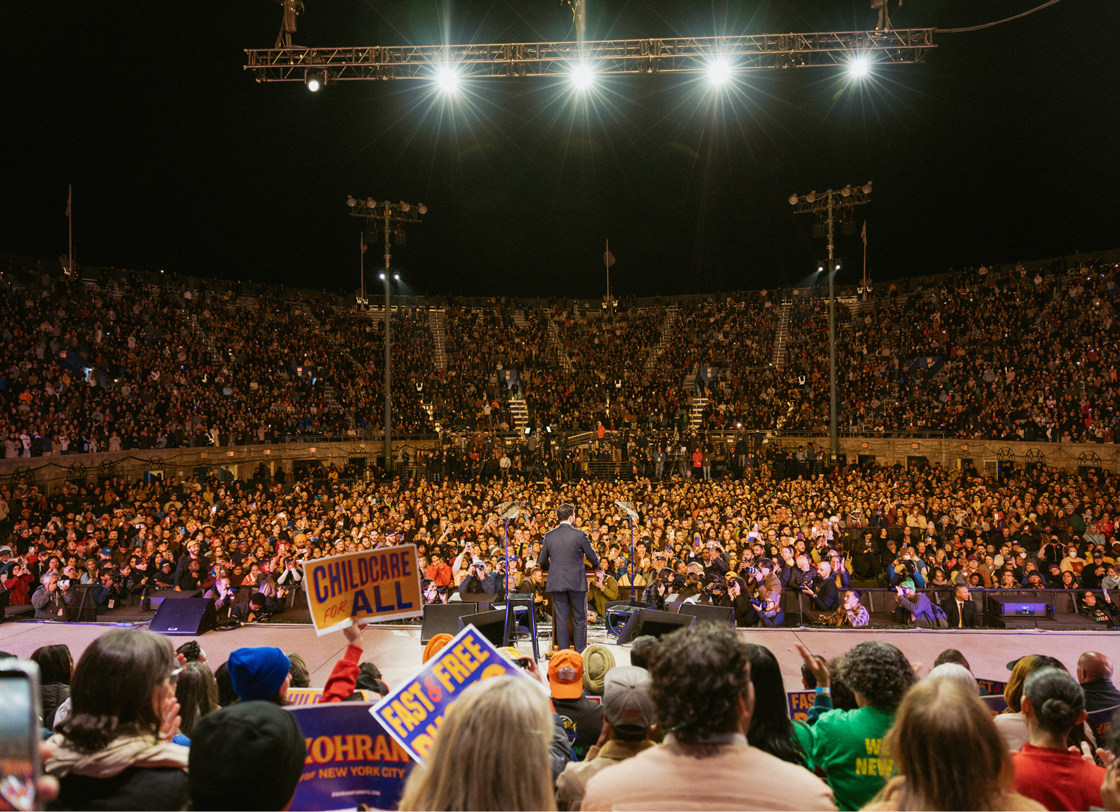 Zohran Mamdani speaks at his rally at Forest Hills Stadium