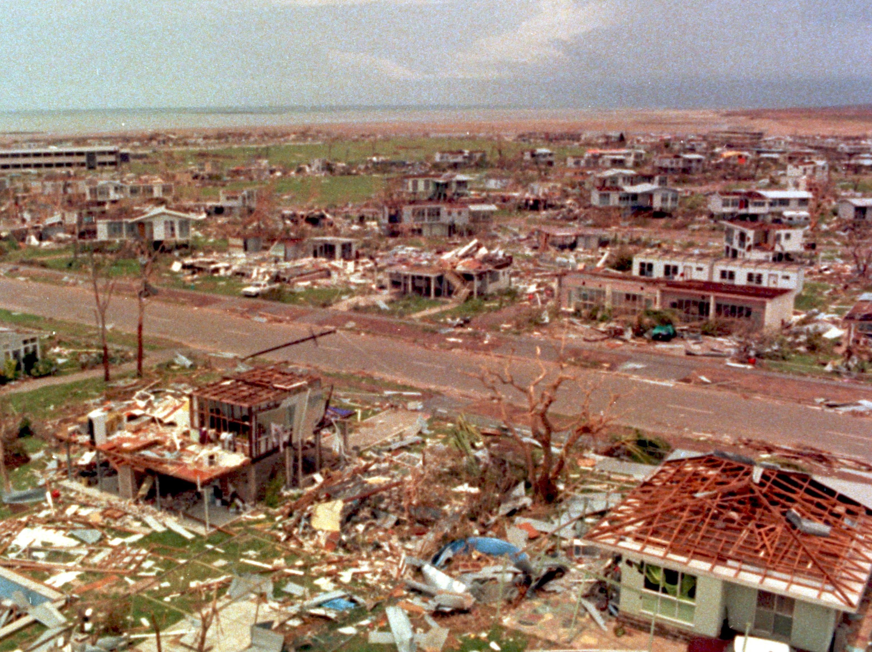 An aerial view of Darwin showing the destroyed houses following cyclone Tracy in December 1974