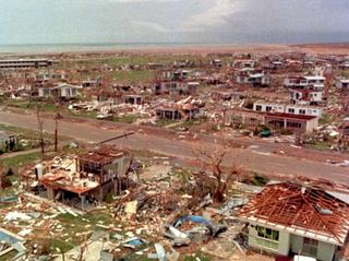 An aerial view of Darwin showing the destroyed houses following cyclone Tracy in December 1974
