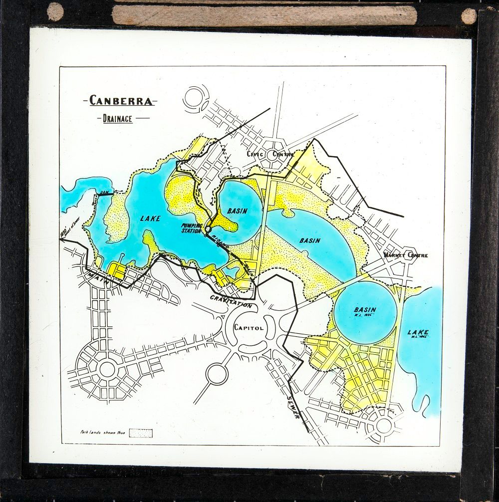 Glass slide believed to show Griffiths, Coulter and Caswell's design for drainage and sewerage as per their submission to the Federal Capital design competition. 
