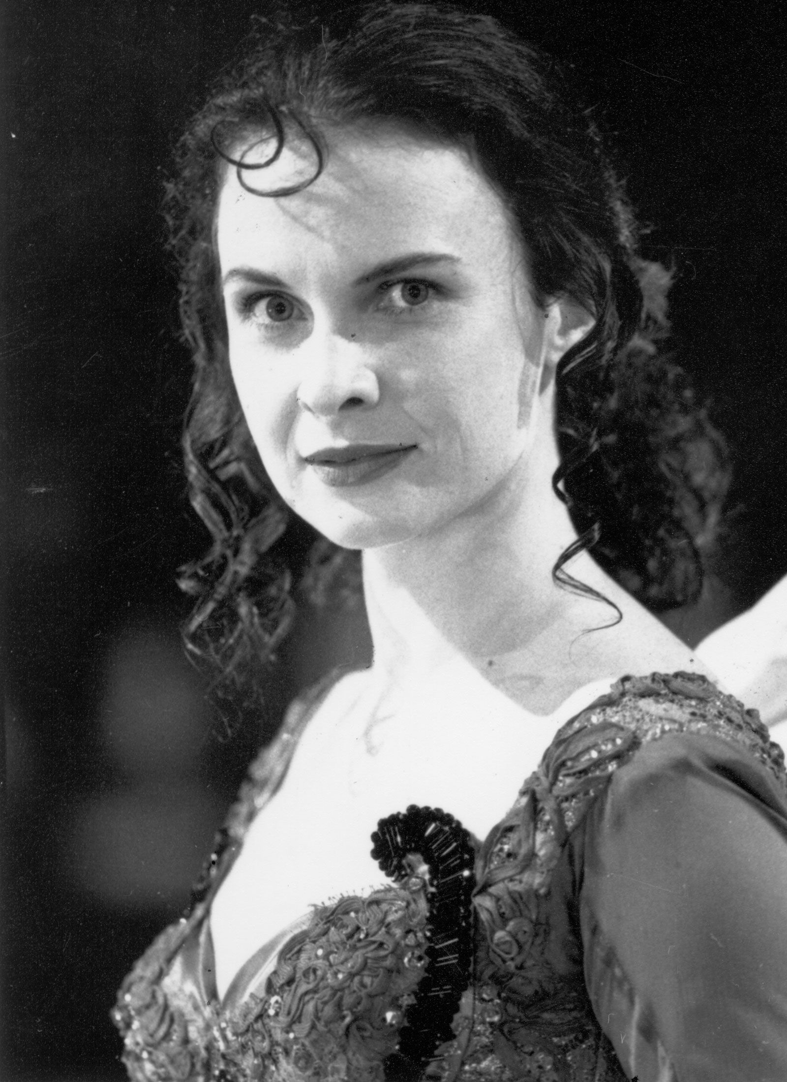 Head and shoulders shot of Tara Morice in costume for the film Strictly Ballroom.