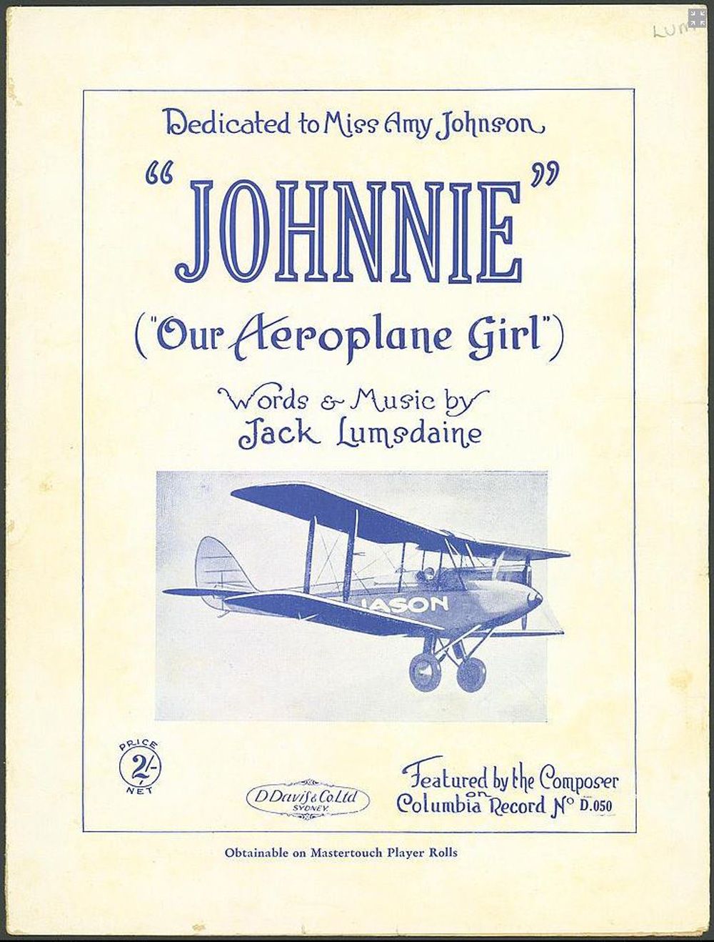 Cover of sheet music for the song Johnnie, our aeroplane girl by Jack Lumsdaine