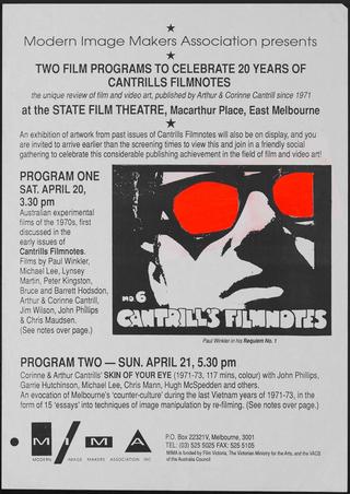 A flyer advertising a film screening in Melbourne to mark 20 years of film journal Cantrill's FIlmnotes. The flyer has an illustration of a man wearing sunglasses with red lenses