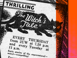 Advertisement for a radio serial called The Witch's Tale with a black cat on it