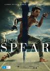 Poster of a film titled ‘Spear’ showing a person in a dynamic pose with blue paint on the body, city skyline in background.