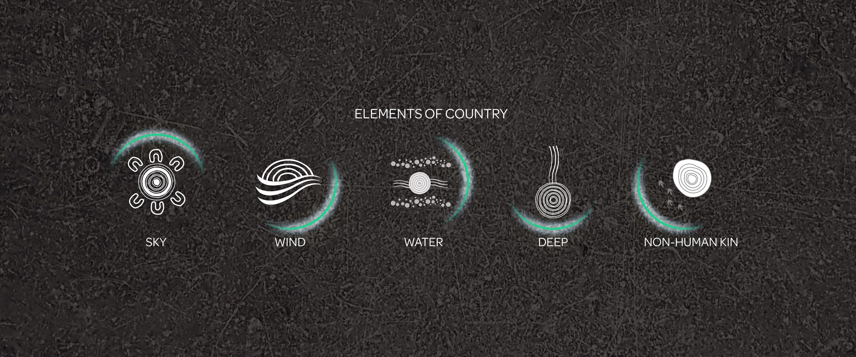 A diagram showing Elements of Country with First Nations circular symbols for Sky, Wind, Water, Deep and Non-human kin.