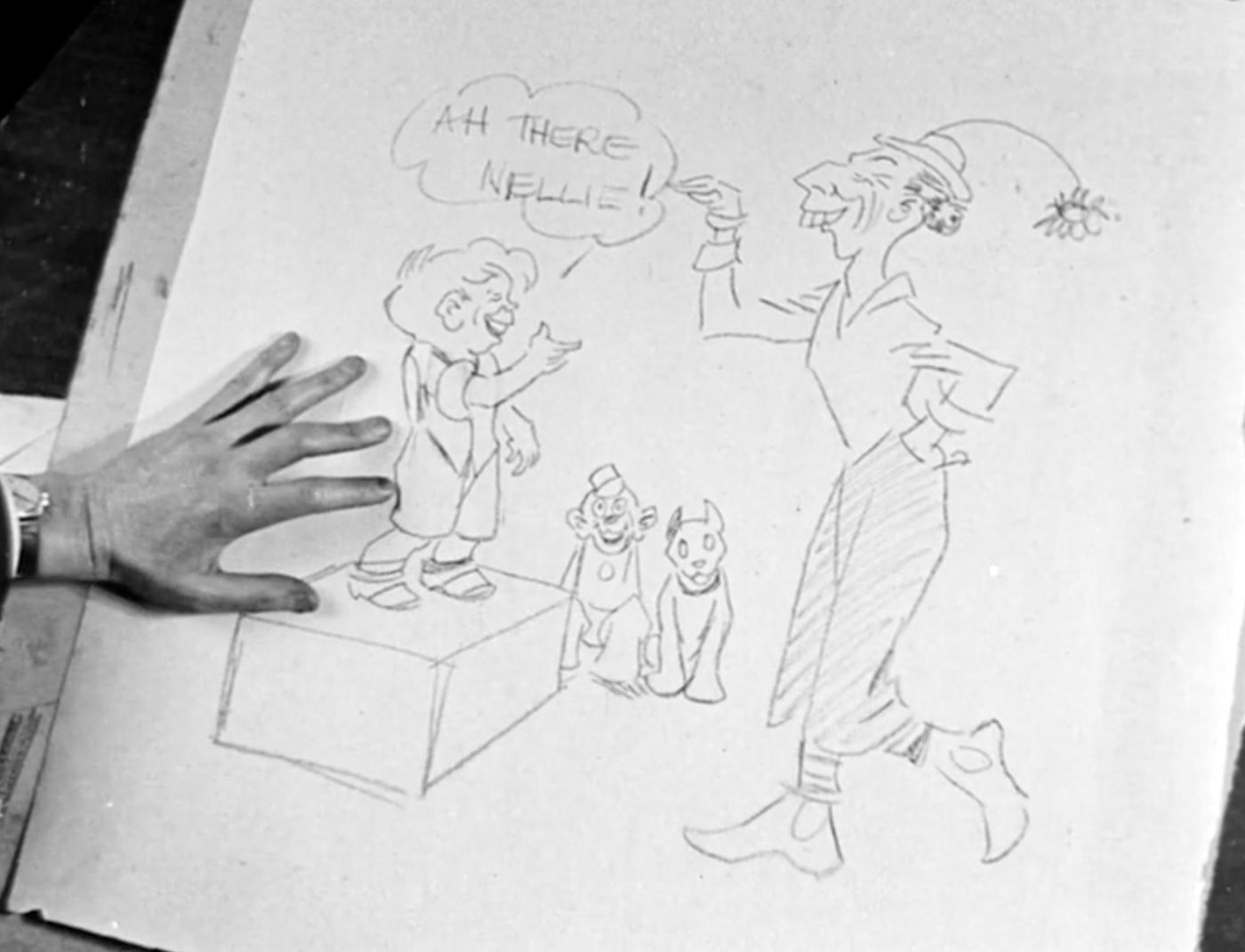 Close up of a cartoonist's sketch of a boy and comedienne, c1923