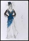 Sketch of a costume for a movie showing a woman in a top hat with feathers coming out of it, long gloves and a fitted lace dress with an asymmetrical hem with a long fringe.