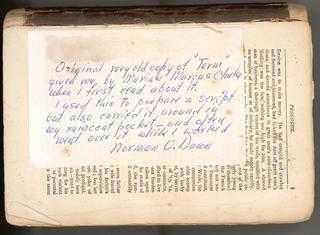 Prologue page of an early edition of the novel For the Term of His Natural Life, with a handwritten note on it by Director Norman Dawn.