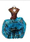 Costume on a mannequin featuring a bodice with an ornate asian-influenced design and a full skirt that has been turned up to show the layers of lace petticoats under the main fabric. The costume was worn by a dancer in the film Moulin Rouge!