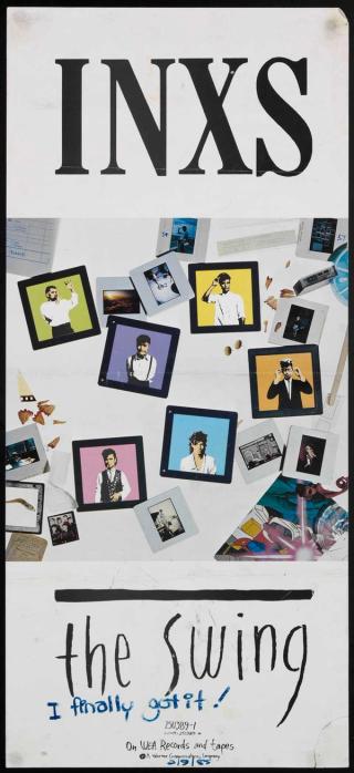 A poster for the album The Swing by INXS featuring images of the band members. 