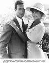 Black and white photo of Bryan Brown and Rachel Ward on the set of The Thorn Birds