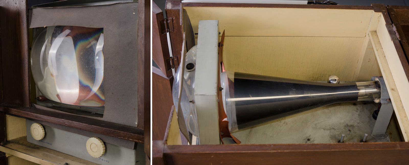 Close up of Sid Oldroyd's homemade TV showing the front screen and the inside, built in 1956.