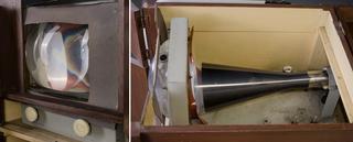 Close up of Sid Oldroyd's homemade TV showing the front screen and the inside, built in 1956.