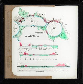 Glass slide showing a plan and three section drawings for the proposed basin walls for the lake, as per Walter Burley Griffin's Preliminary Plan.