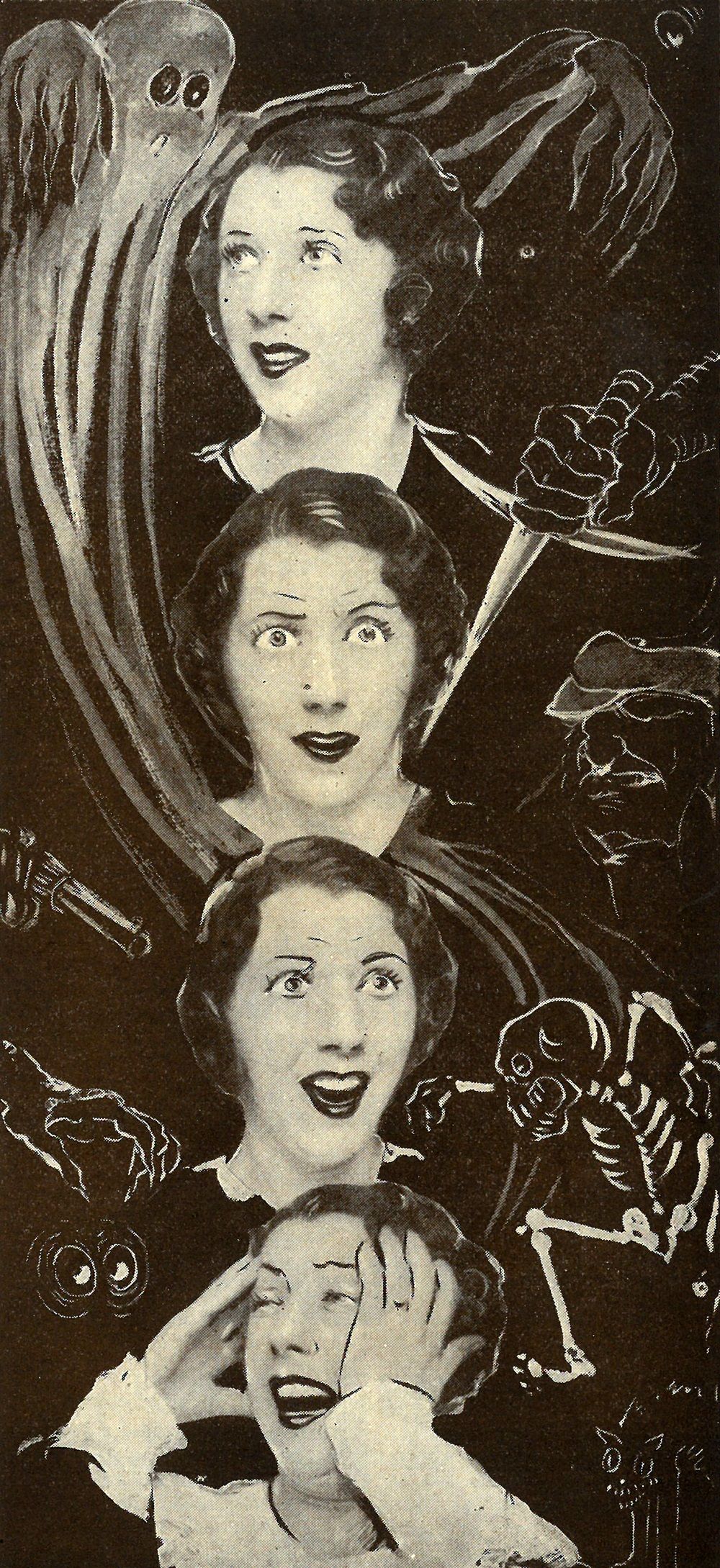 Vertical montage of a woman's face showing different moments of alarm and fear with graphic images of ghosts, skeletons and daggers surrounding her.