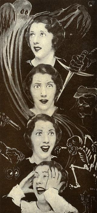 Vertical montage of a woman's face showing different moments of alarm and fear with graphic images of ghosts, skeletons and daggers surrounding her.