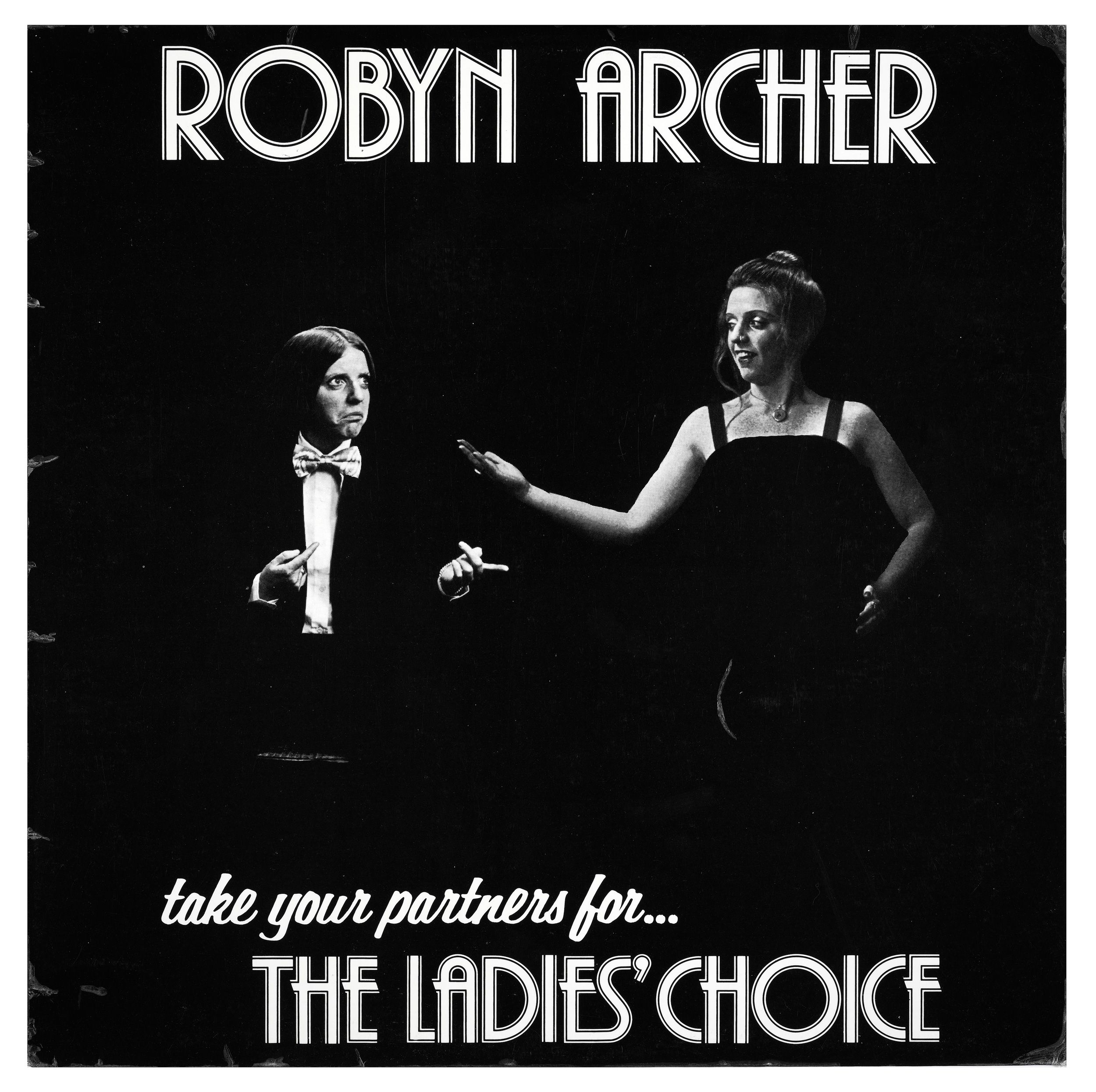 The cover for Robyn Archer's album Take Your Partners for the Ladies' Choice, showing Archer portraying two characters, one dressed in a dinner suit and the other in an evening dress