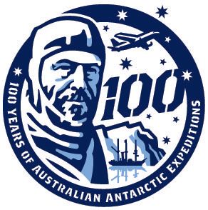 100 years of Australian Antarctic expeditions blue and white logo. Graphic of Douglas Mawson with a plane, boat and iceberg.