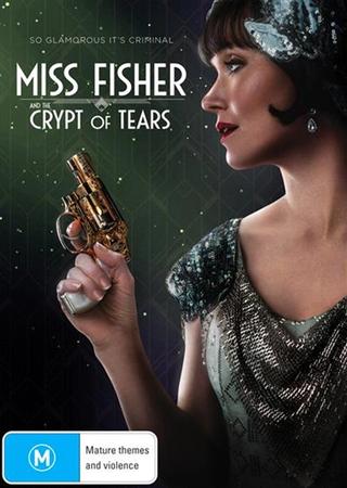 Miss Fisher Crypt of Tears poster featuring an elegant 1920s woman holding a golden pistol.