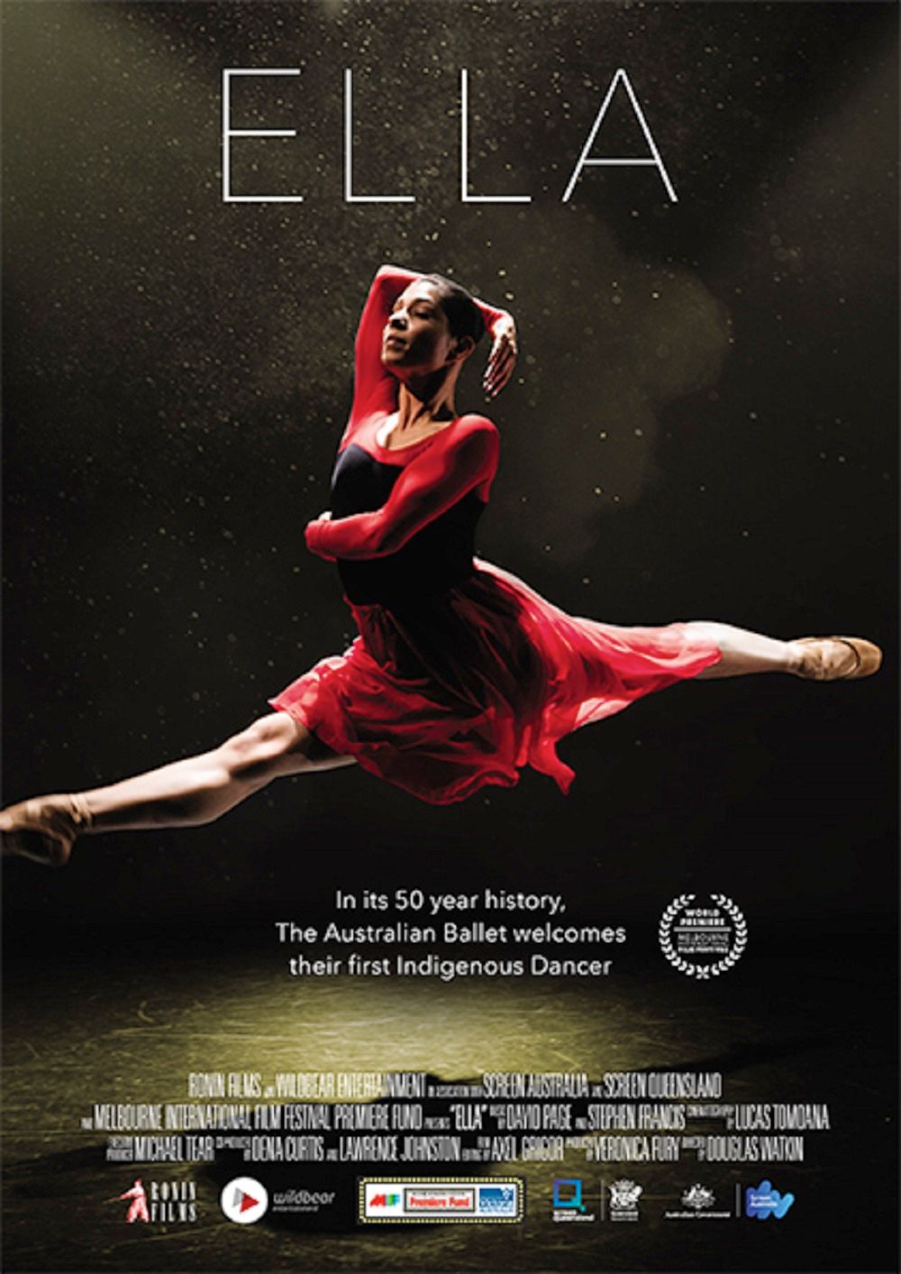 Poster for the documentary Ella featuring a dancer leaping into the air wearing a red dress.