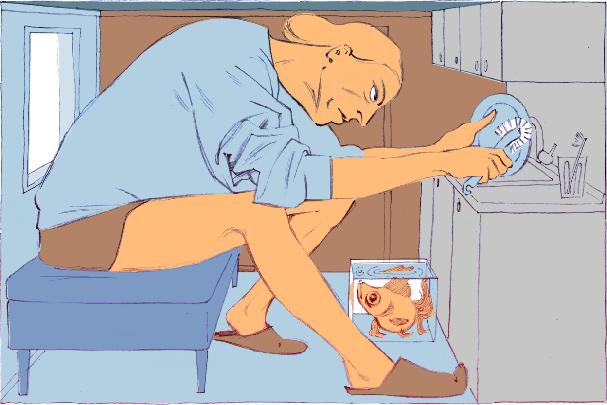 Tegning av en kvinne i en bitteliten leilighet som gjør oppvask mens hun sitter på sofaen.